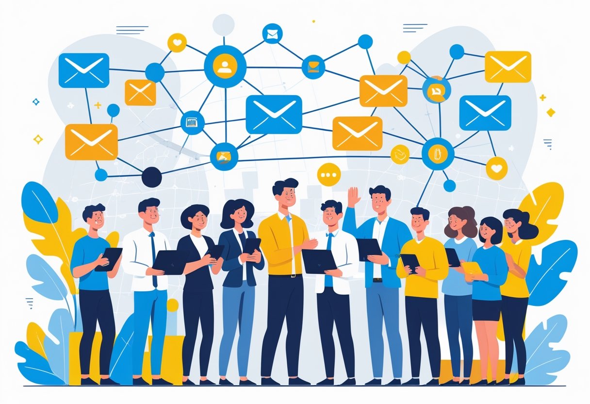 A businessperson welcoming a diverse group of people holding digital devices, with symbols of connection and communication around them.