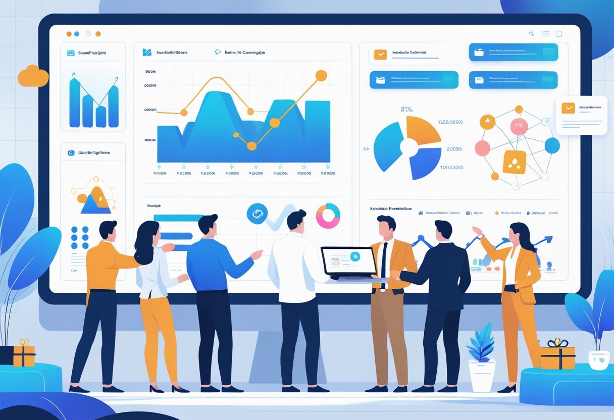 A group of business professionals collaborating around a digital dashboard with charts and email icons, illustrating the process of turning new email subscribers into loyal customers.