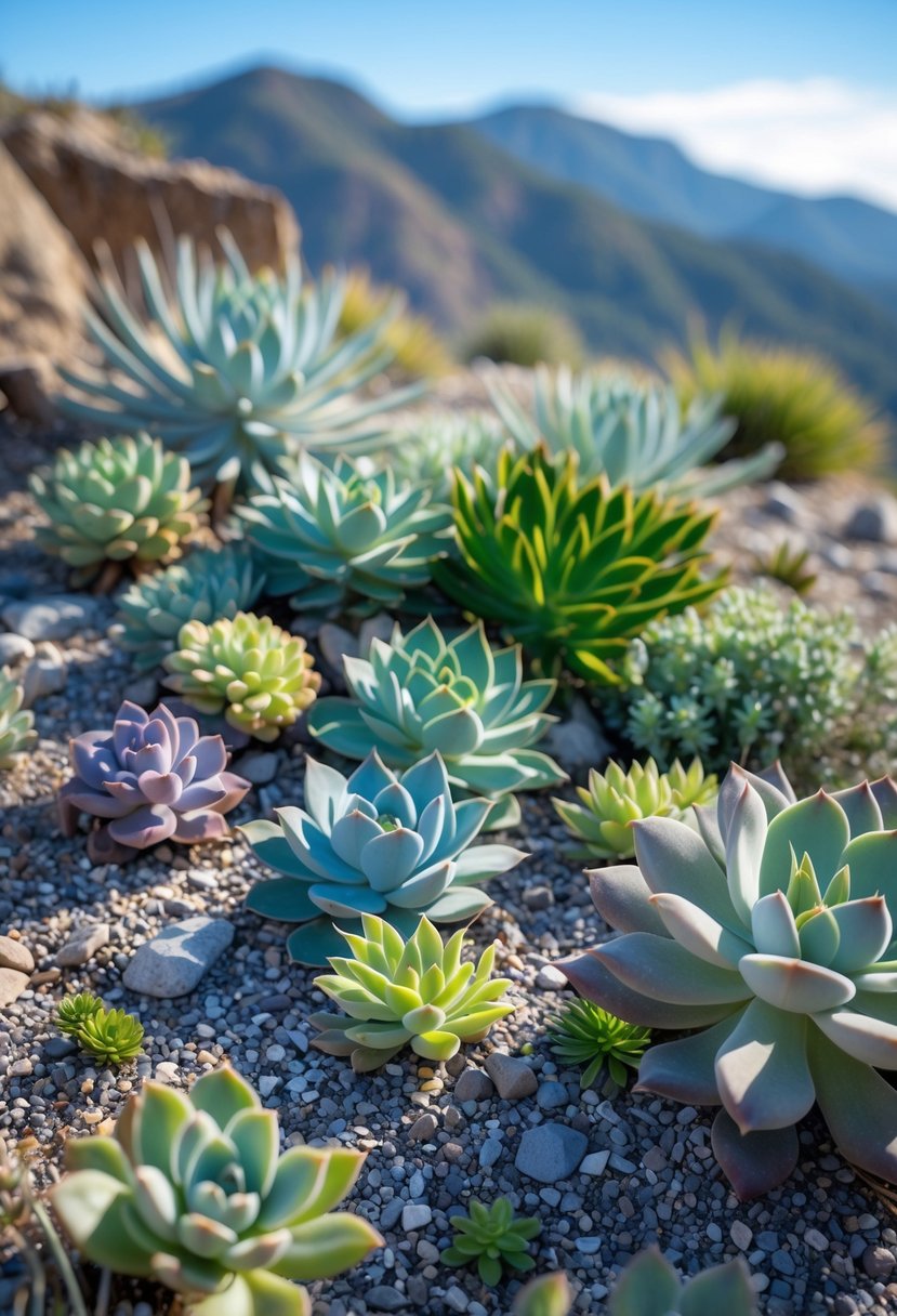 A garden with various small alpine succulent and drought-tolerant plants growing among rocks and gravel.