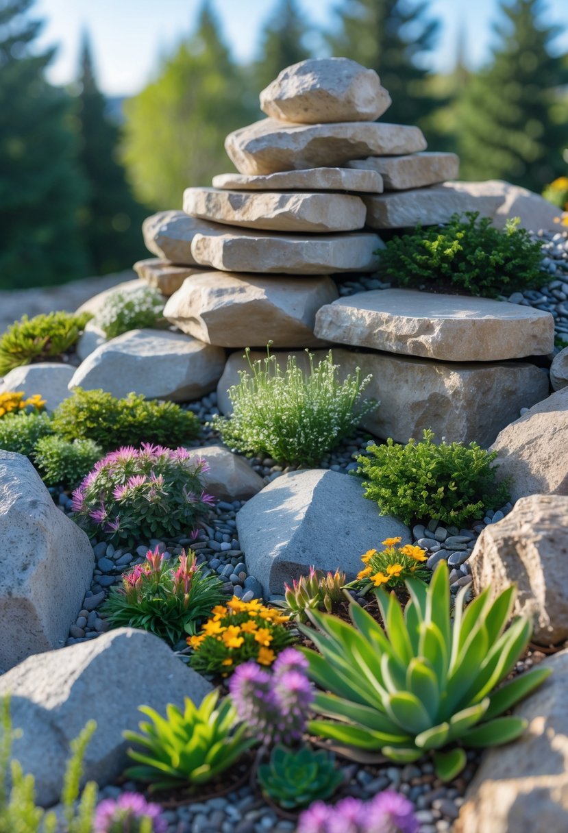 A natural stone rockery arranged to resemble mountain terrain surrounded by alpine plants and wildflowers under a clear sky.