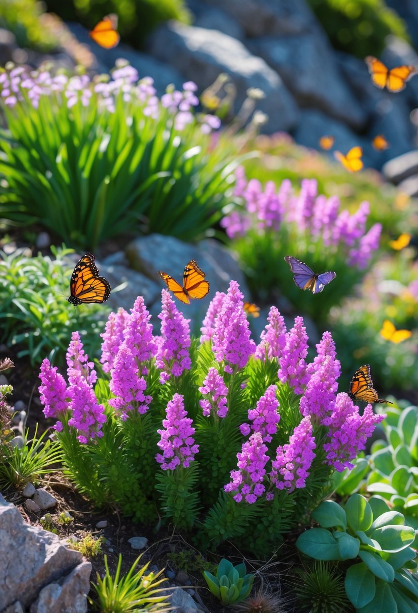 A vibrant alpine garden with blooming purple and pink Plant Rock Cress flowers and butterflies flying around them among rocky terrain.
