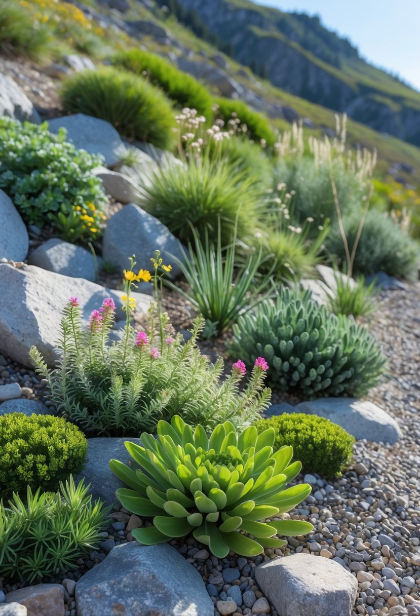A colorful alpine garden with healthy plants growing in rocky, well-drained soil under a clear sky.