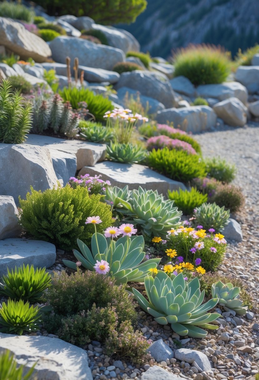 A rocky alpine garden with hardy evergreen shrubs, succulents, and colorful small flowers growing among stones and gravel pathways.