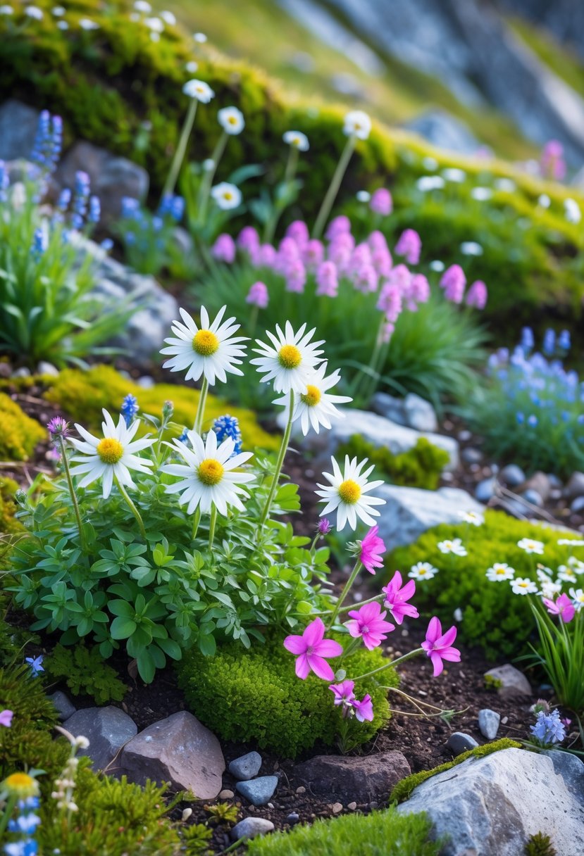 A colorful alpine garden with white Edelweiss and pink and purple Saxifrage flowers growing among rocks and green moss.