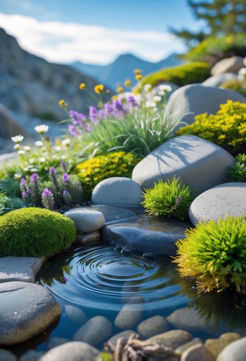 A small clear water feature reflecting alpine plants and rocks in a mountain garden with distant peaks in the background.