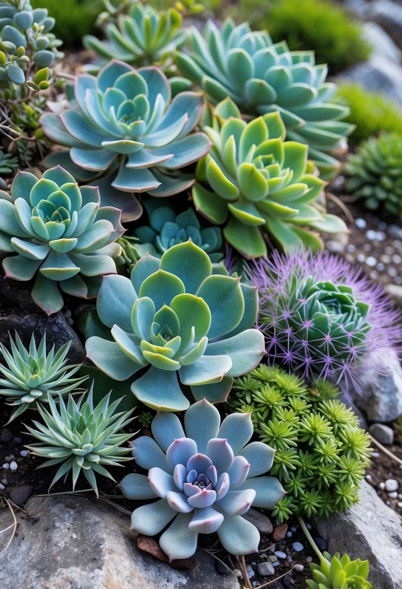 A vibrant garden combining succulents and alpine plants growing among rocks and soil.