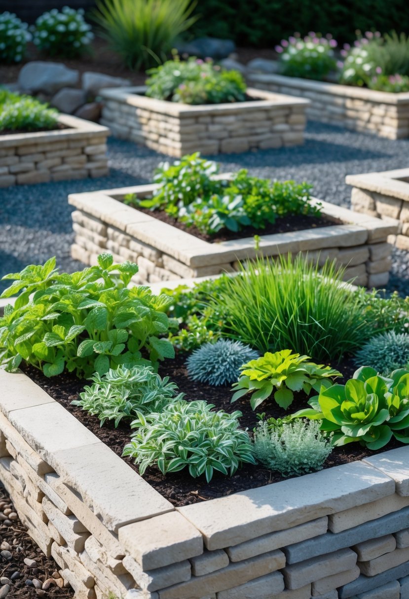 Raised stone garden beds filled with alpine plants and flowers in a sunny outdoor garden.