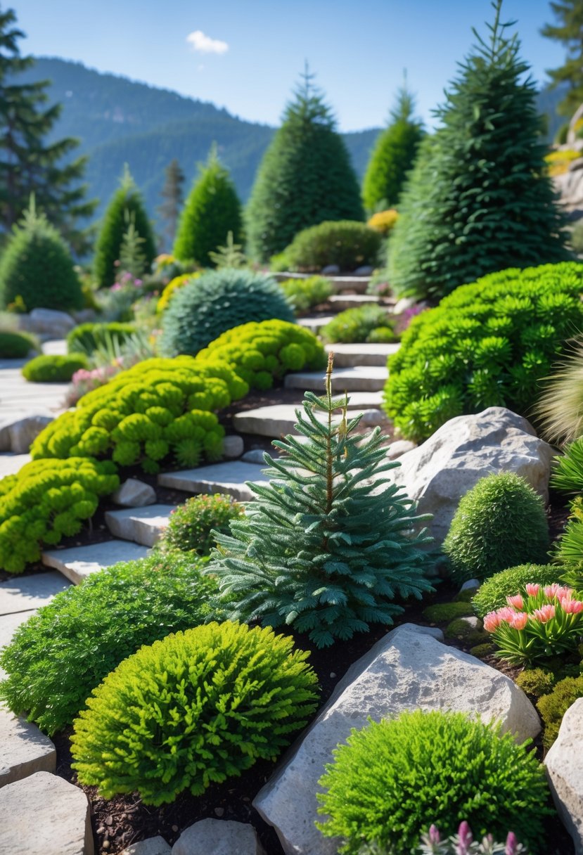 An alpine garden with small evergreen dwarf conifers, rocky terrain, moss, and colorful alpine flowers under a clear blue sky.
