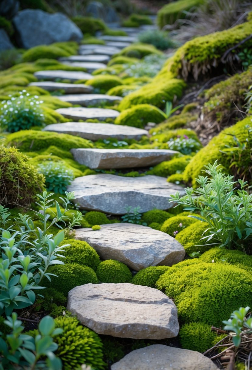 A pathway of stepping stones surrounded by green moss and small alpine plants in a garden.