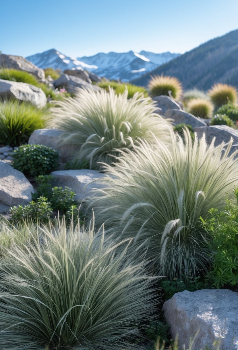 An alpine garden with ornamental grasses, rocks, and alpine plants under a clear sky with snow-capped mountains in the background.