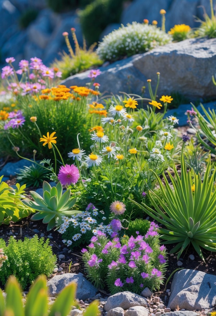 A sunny alpine garden filled with various colorful flowering plants and green shrubs growing among rocks.