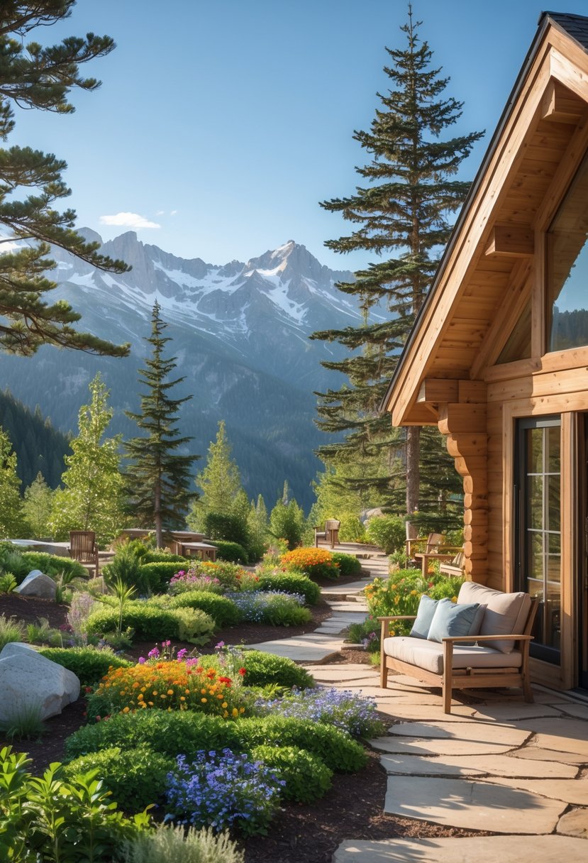 A wooden cabin surrounded by colorful alpine gardens with flowers and shrubs, set against snow-capped mountains and tall pine trees.