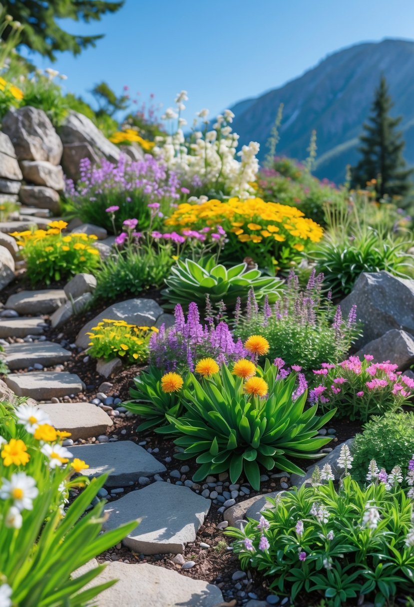 A colorful alpine garden in summer with various blooming perennial flowers and rocky terrain under a clear blue sky.