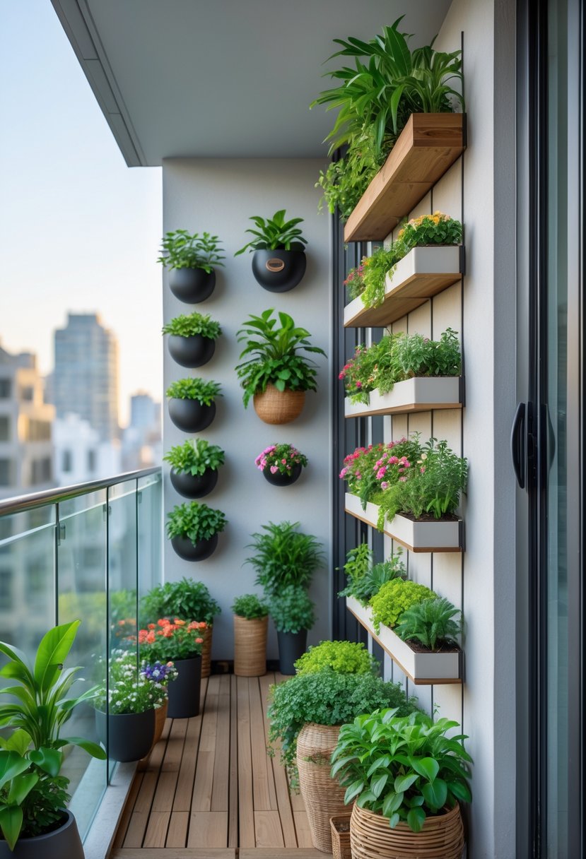 An apartment balcony with vertical wall planters filled with green plants and flowers, overlooking city buildings.