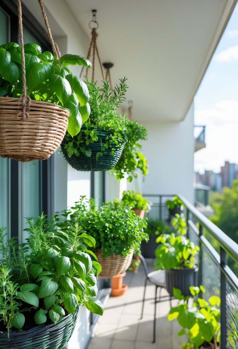 A balcony with several hanging baskets filled with fresh green herbs like basil, rosemary, thyme, and mint, bathed in natural sunlight.