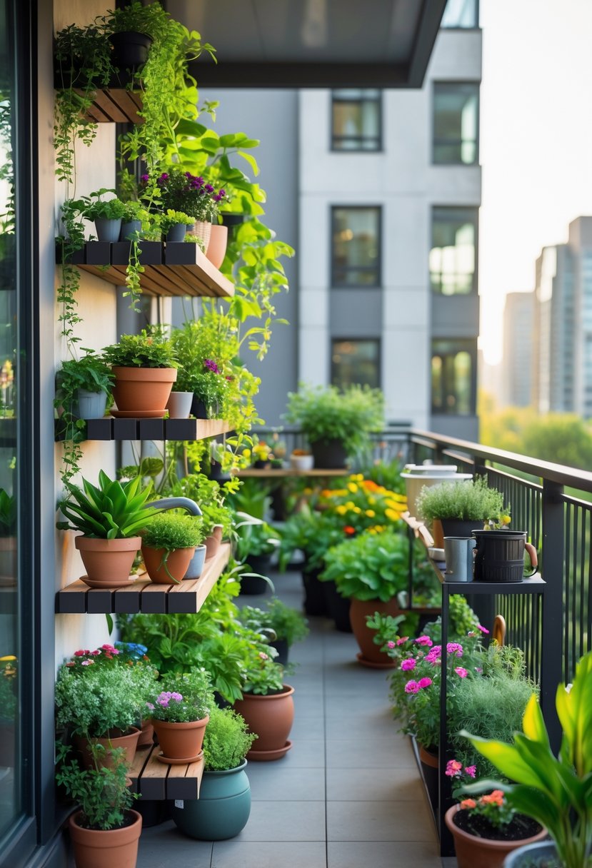 Apartment balcony garden with tiered shelf planters filled with green plants and colorful flowers overlooking a cityscape.