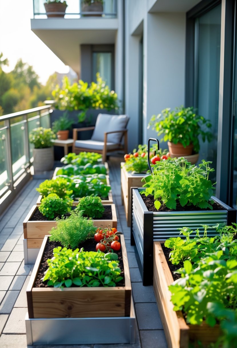 Apartment balcony with several compact raised bed planters filled with various green plants, flowers, and vegetables.