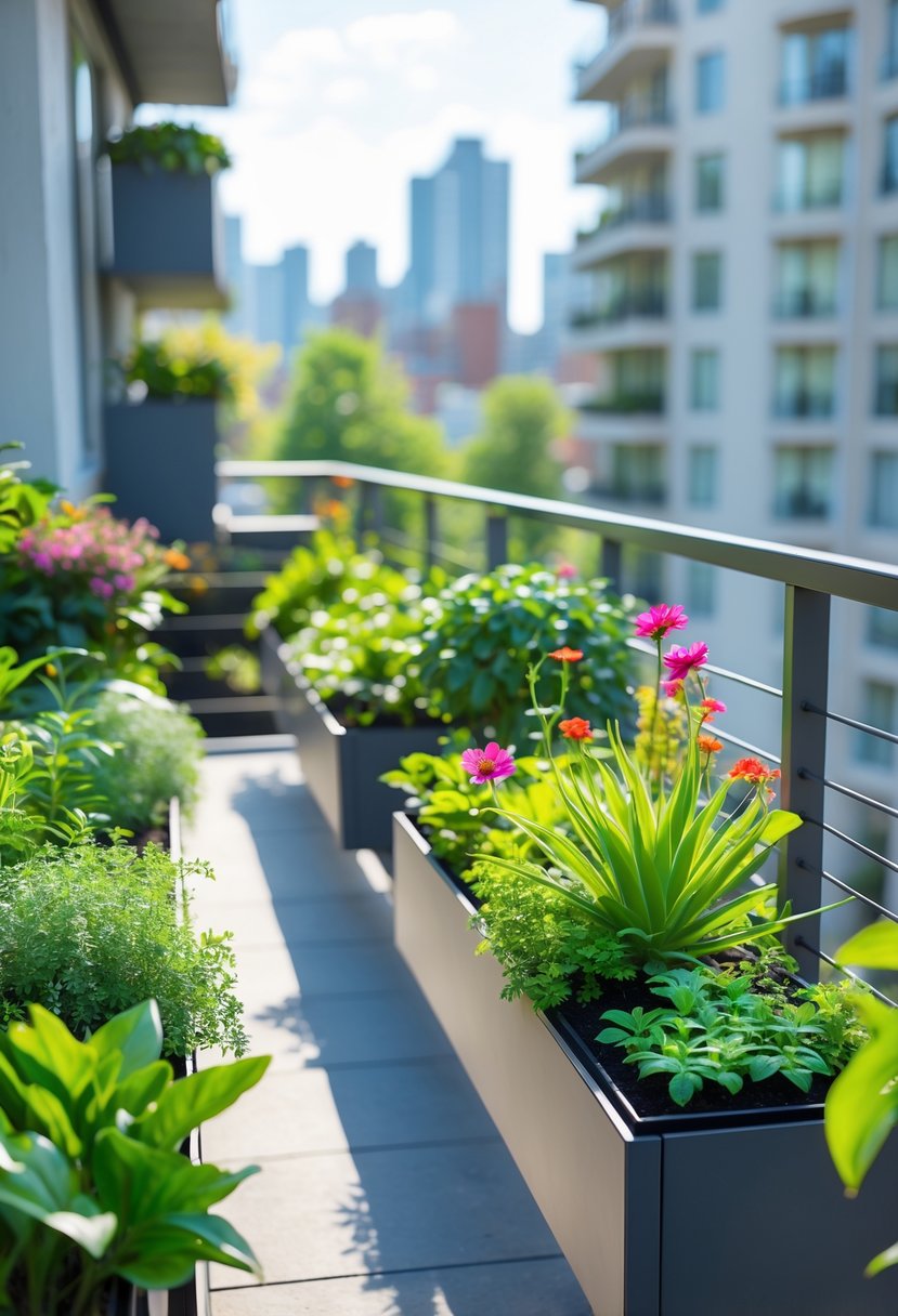 Apartment balcony with rail planters filled with green plants and flowers, overlooking a cityscape.