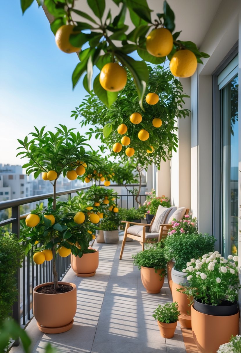 Apartment balcony garden with small citrus trees in containers bearing ripe fruits, surrounded by plants and gardening items.