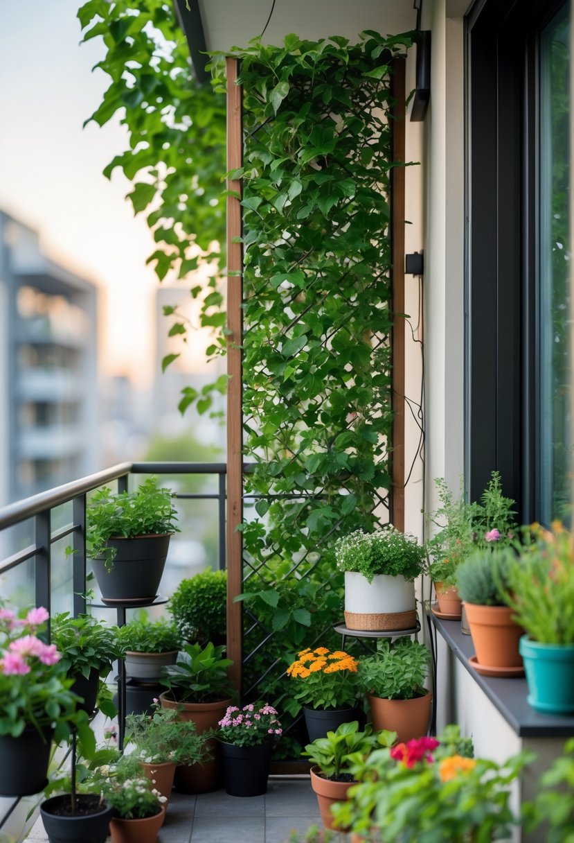 Apartment balcony with a climbing vine trellis covered in green plants and various potted flowers creating a small garden.