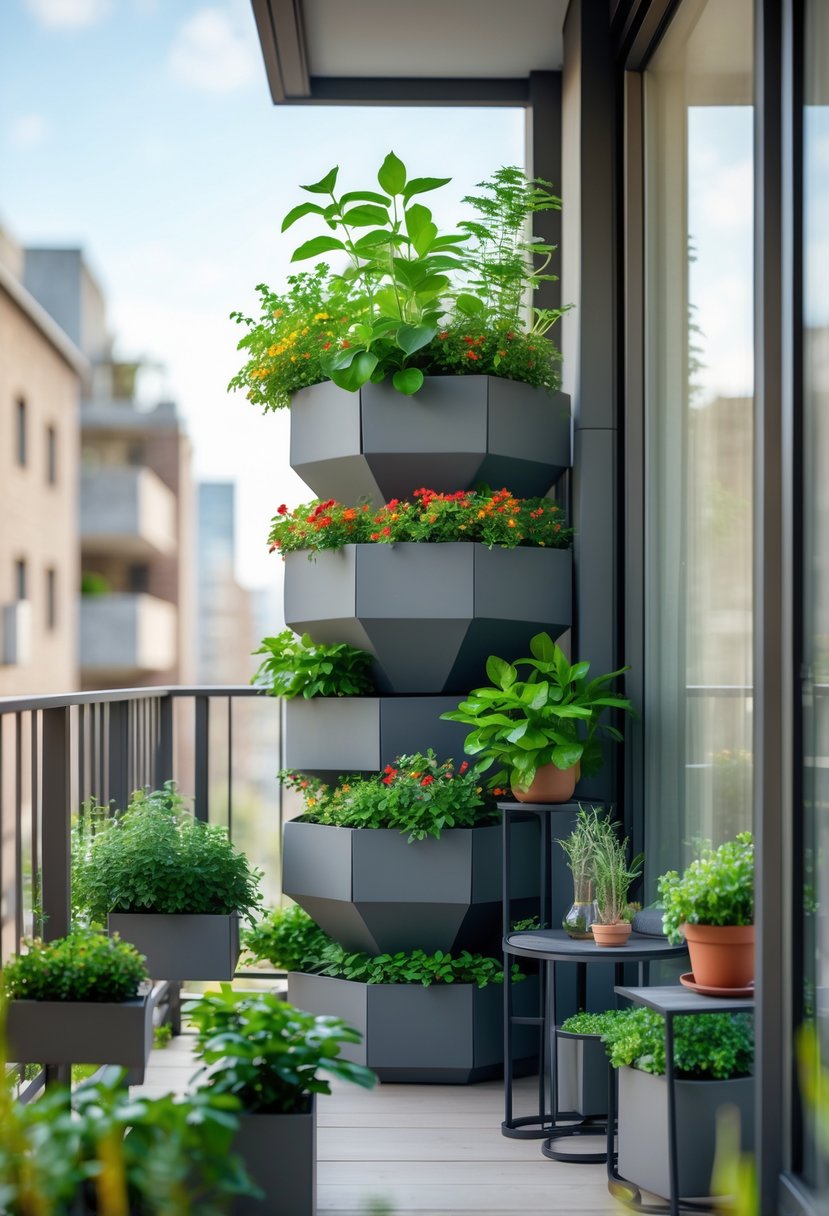 Apartment balcony with modular stackable planters filled with green plants and flowers, overlooking a cityscape.