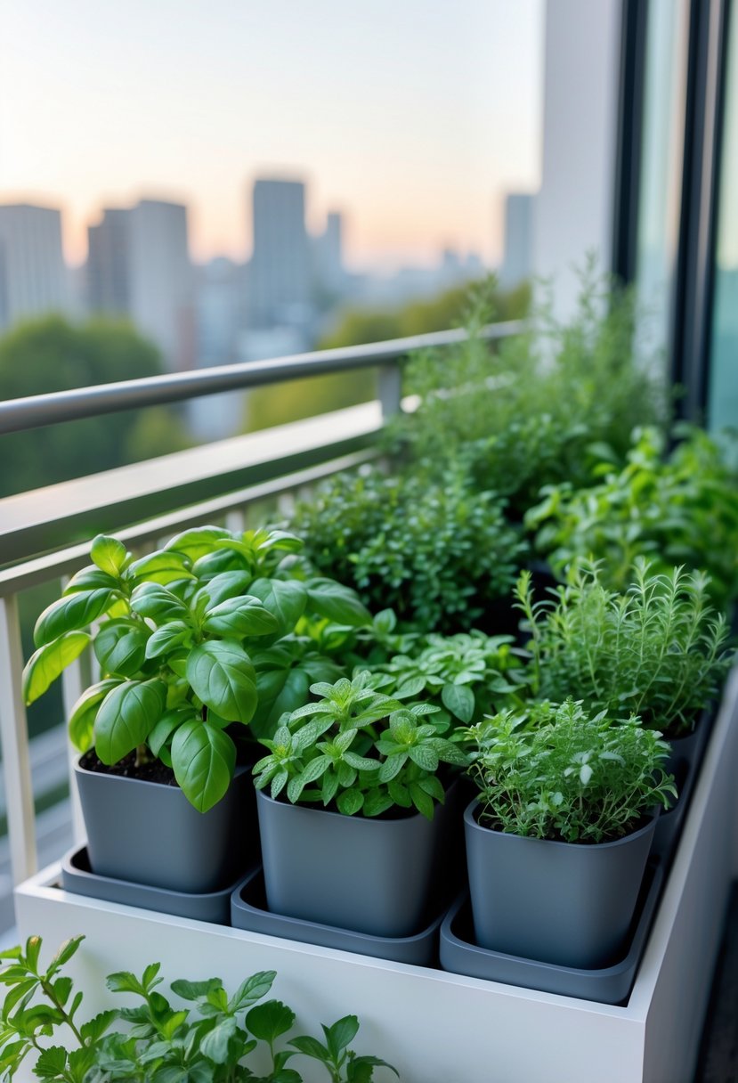 A small apartment balcony with various healthy green herbs growing in pots and containers, overlooking a cityscape.