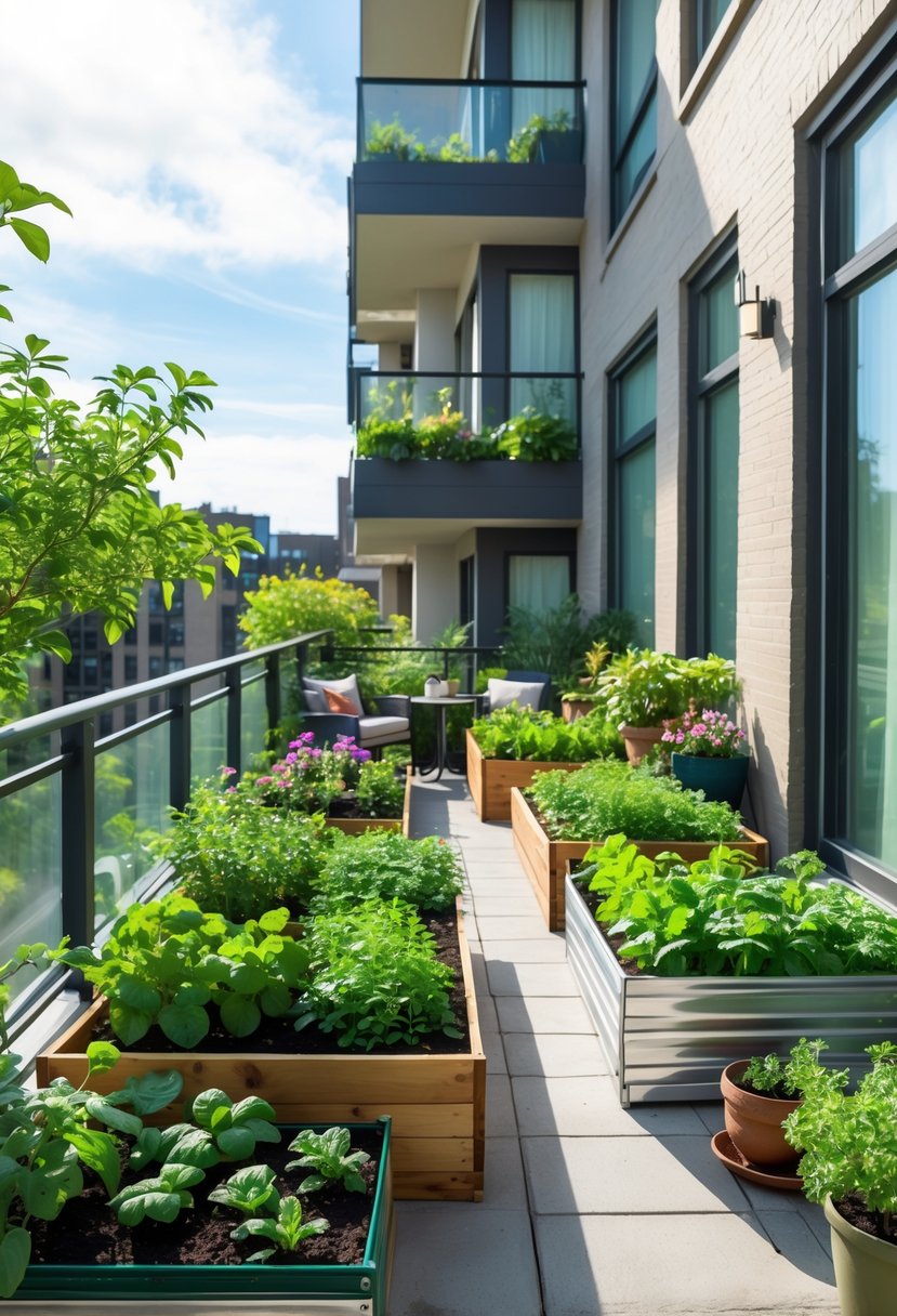 An apartment balcony with several portable raised garden beds filled with plants, flowers, and vegetables, alongside outdoor furniture and gardening tools.