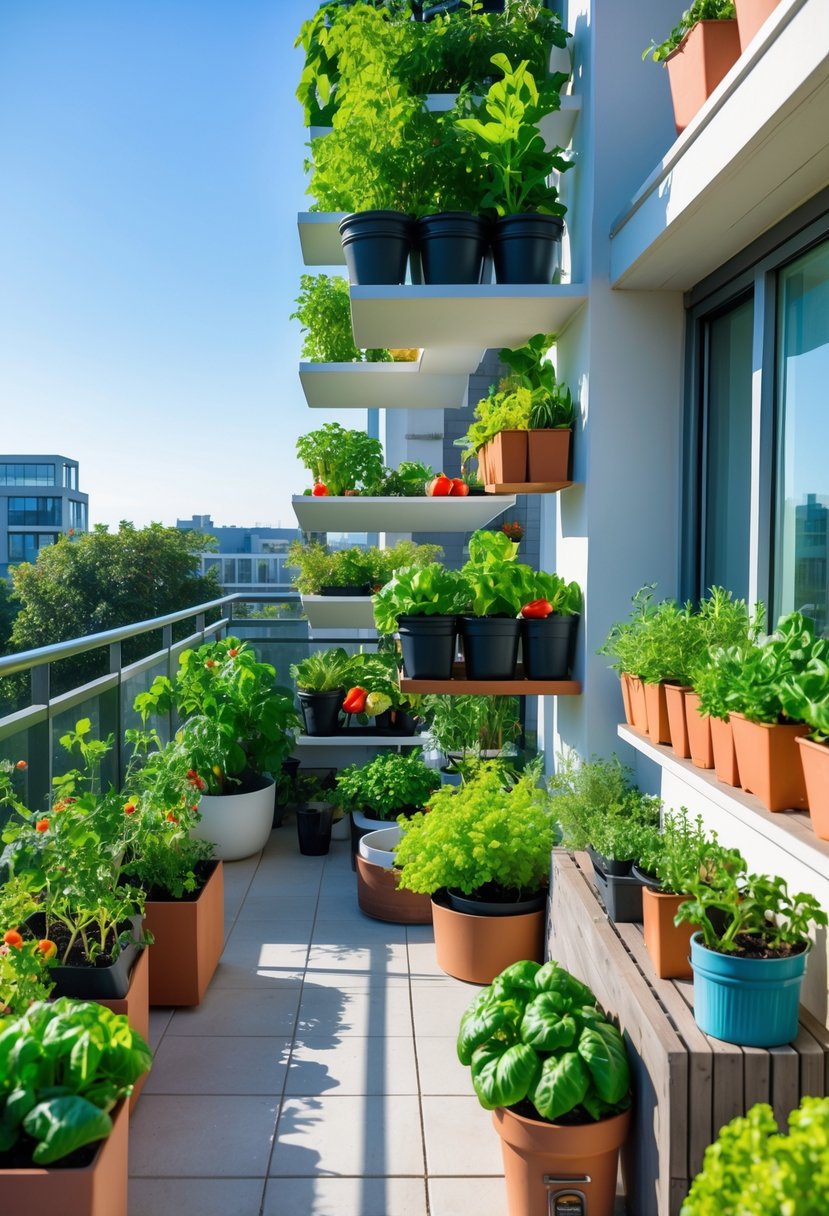 An apartment balcony with various small vegetable containers holding green leafy plants and vegetables under natural sunlight.
