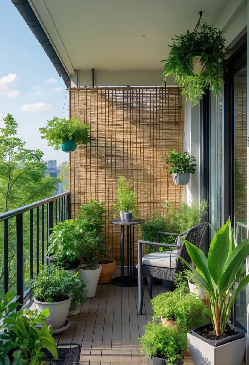 Apartment balcony with a bamboo privacy screen and various green plants arranged in pots and hanging planters, creating a cozy garden space.