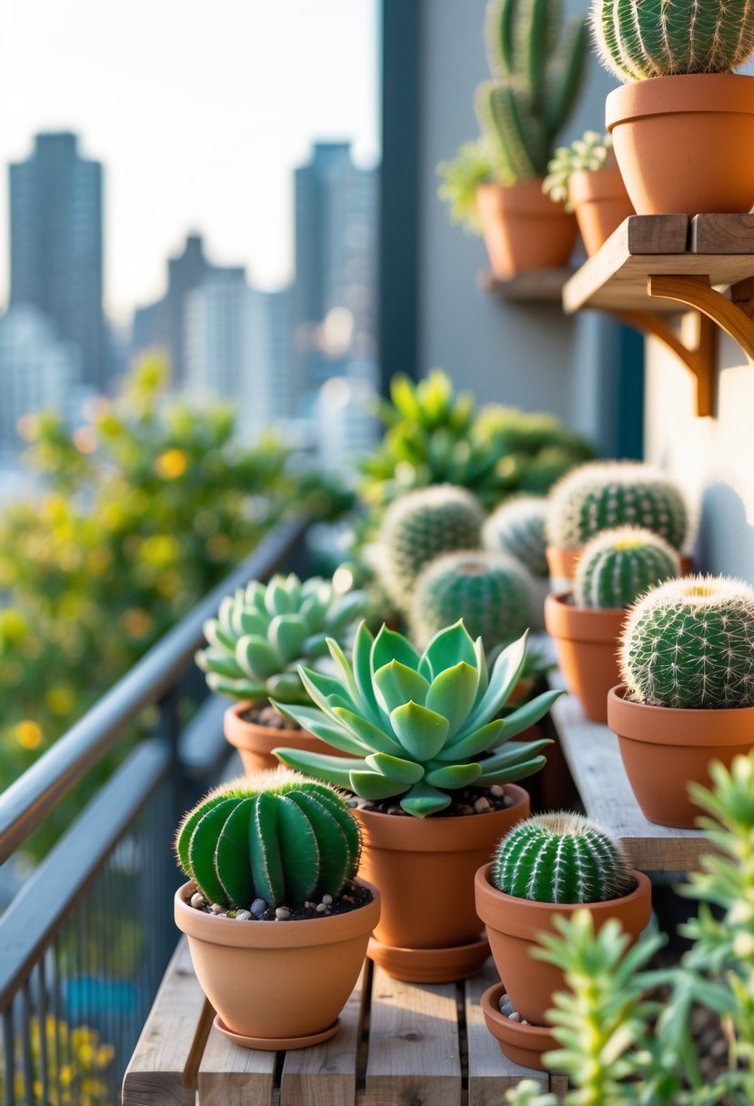 An apartment balcony with various pots containing different succulents and cacti arranged neatly on shelves and railing.