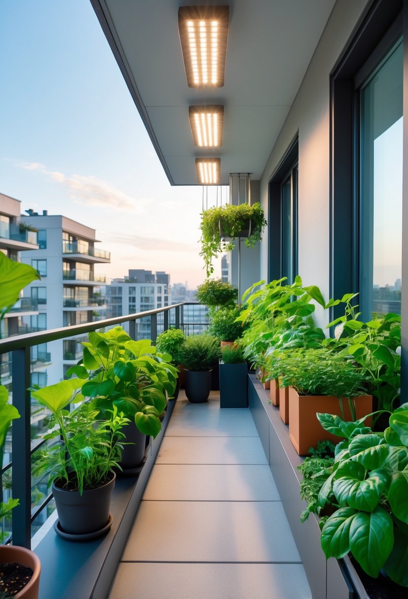 Apartment balcony garden with green plants under LED grow lights and city buildings in the background.