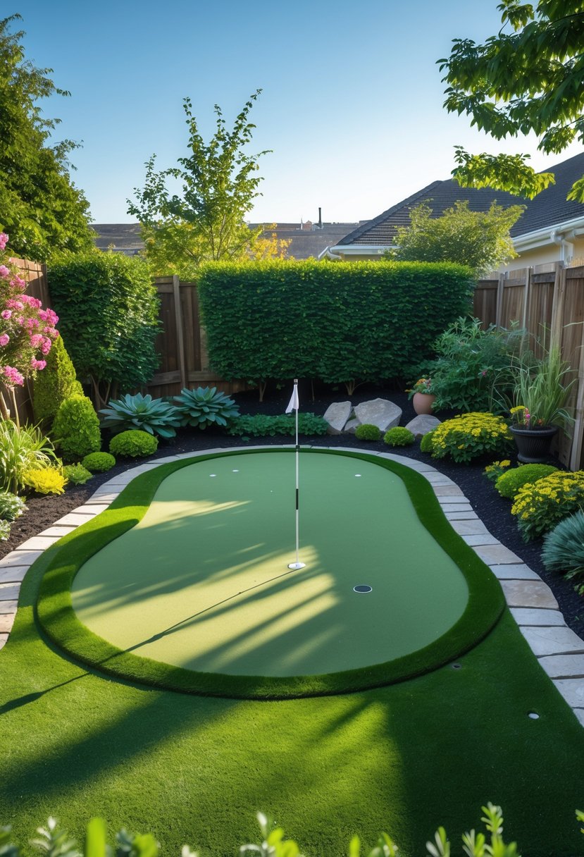 Backyard putting green with artificial grass surrounded by garden plants and shrubs.