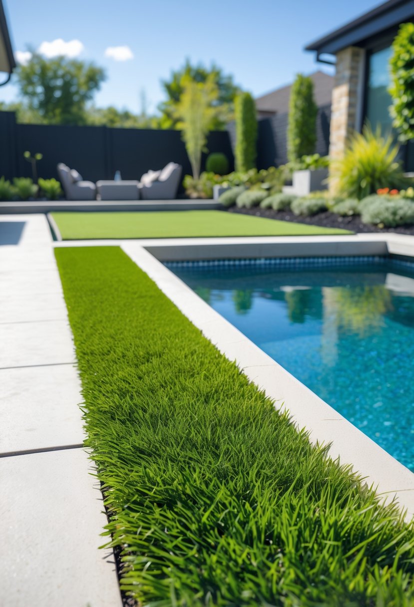Backyard swimming pool with pool decks lined by green astro turf and a garden with plants in the background.