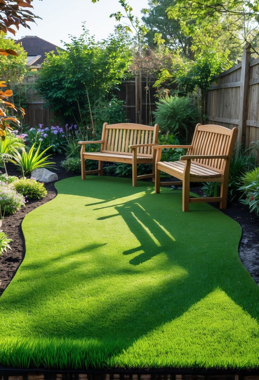 Backyard garden with wooden benches surrounded by green astro turf and plants.