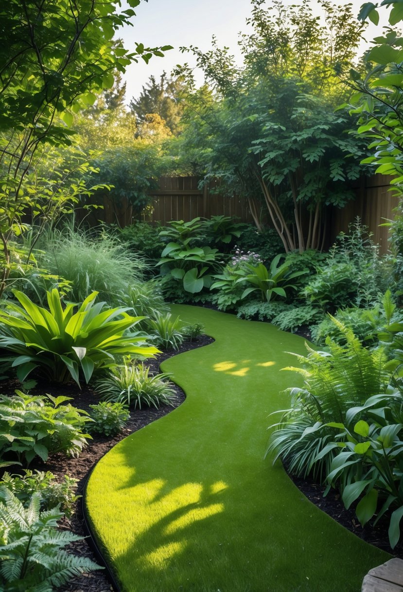 Backyard garden with green astro turf blended naturally with native woodland plants like ferns and wildflowers under soft sunlight.