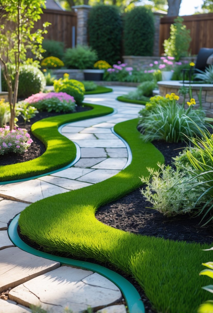 Backyard garden with winding stone paths bordered by green astro turf and surrounded by plants and flowers.