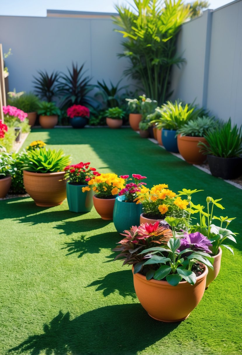 Backyard garden with green astro turf and colorful potted plants arranged around the lawn.