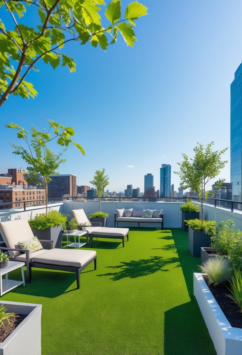 A rooftop garden with green astro turf, outdoor furniture, potted plants, and a city skyline in the background.