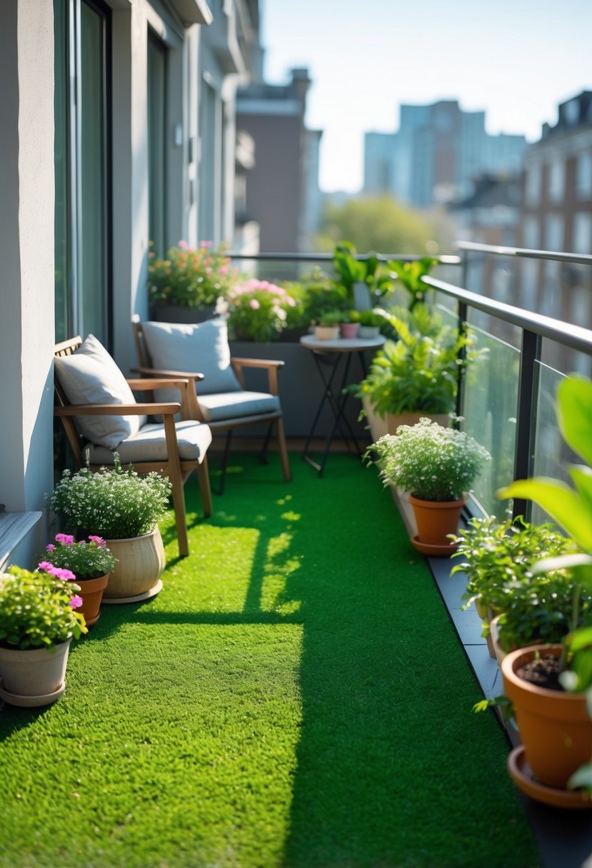 Small balcony with green astro turf flooring, outdoor furniture, and potted plants creating a cozy garden space.