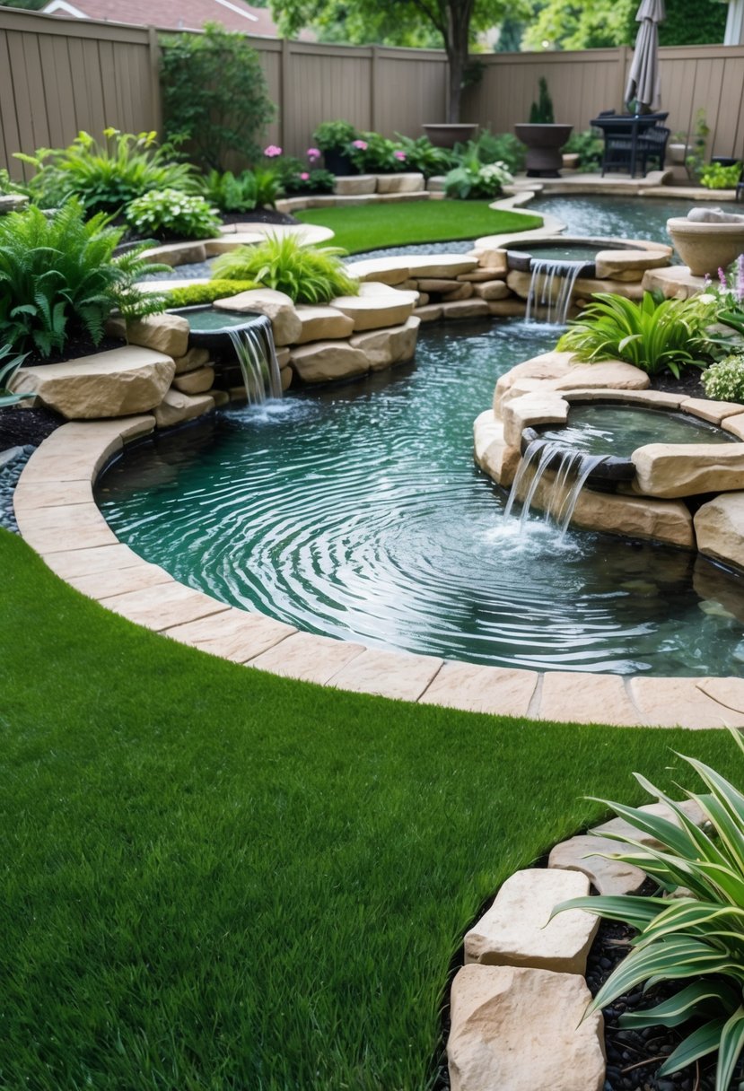 Backyard garden with green astro turf and multiple water features including a stream, waterfalls, and a pond surrounded by plants and stones.