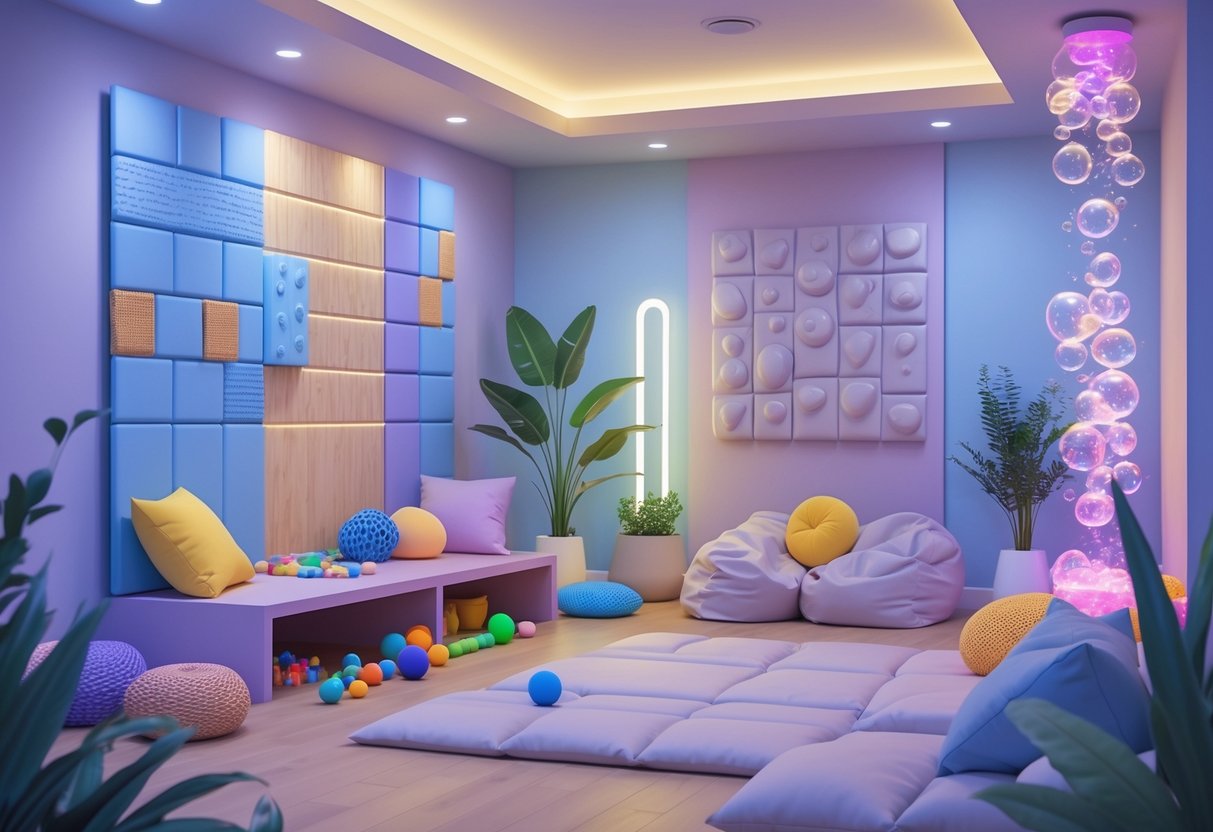 A calming sensory room with soft lighting, textured wall panels, cozy bean bags, sensory toys, a bubble lamp, cushioned flooring, and plants.