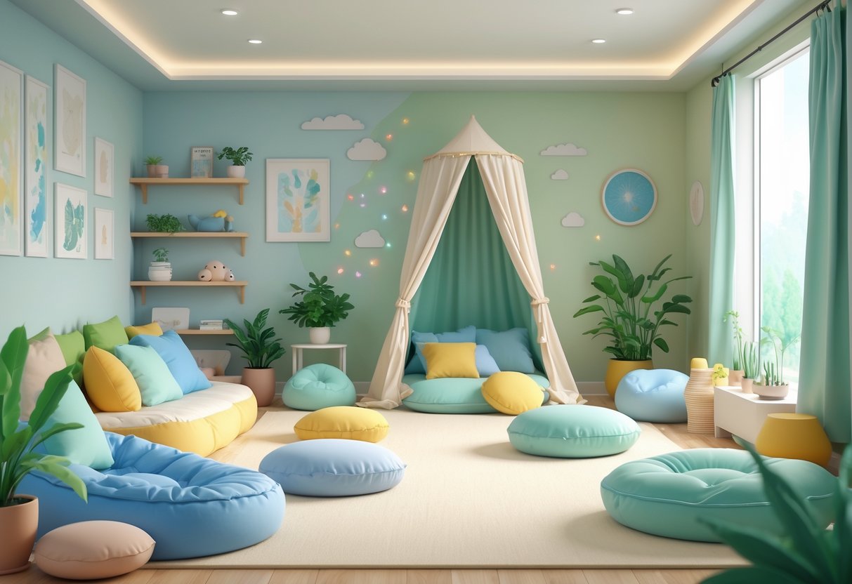 A calm sensory room with soft seating, textured pillows, a small tent, plants, and gentle lighting designed for comfort and relaxation.