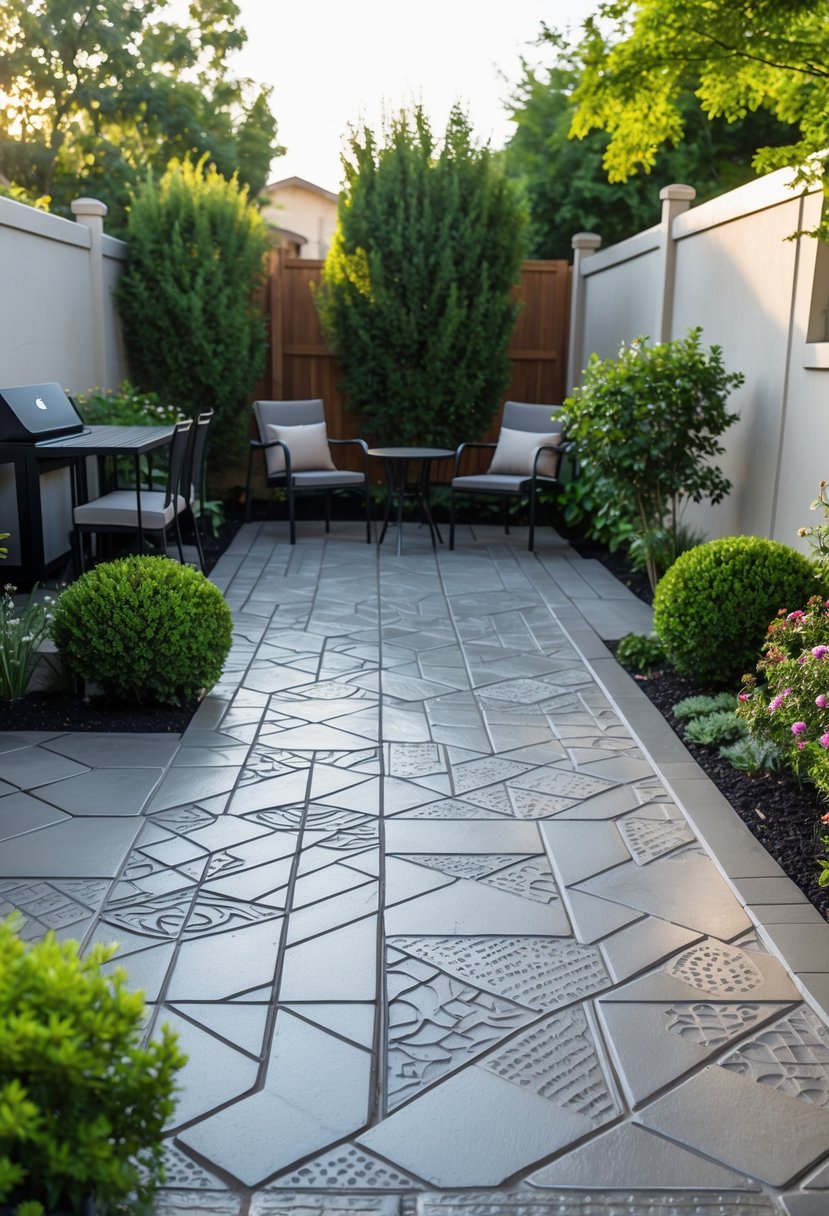 Small backyard with a stamped concrete patio featuring geometric patterns, surrounded by green plants and outdoor furniture.