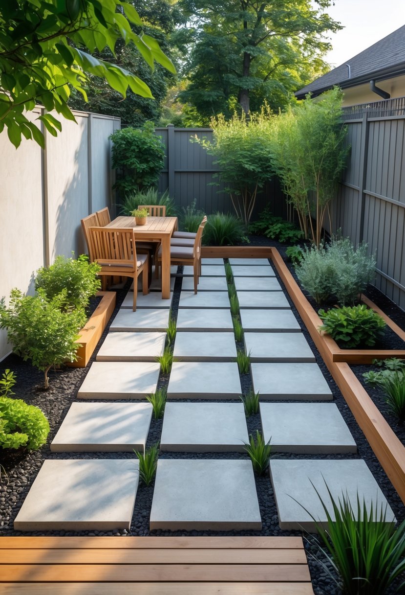 Small backyard patio with concrete slabs and wooden decking, surrounded by green plants and outdoor furniture.
