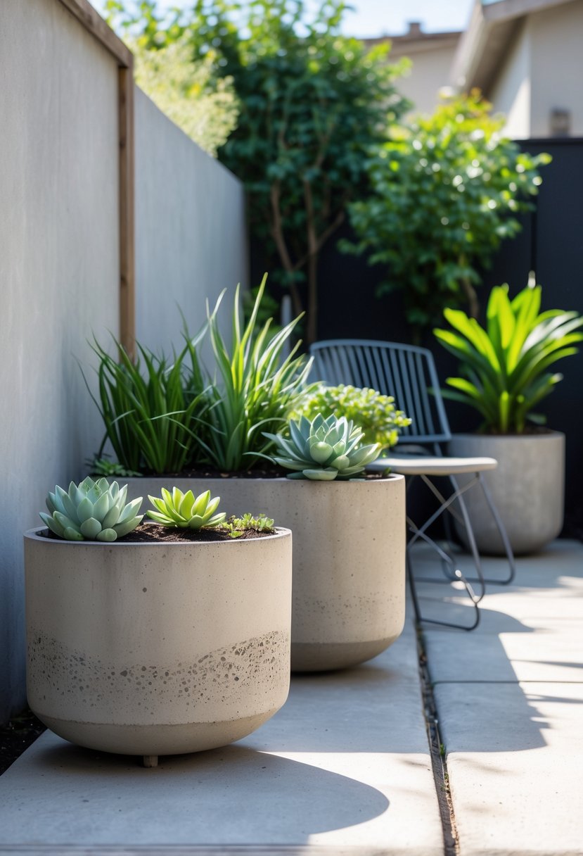 Small backyard patio with textured concrete planters filled with green plants and succulents, surrounded by outdoor furniture and garden greenery.