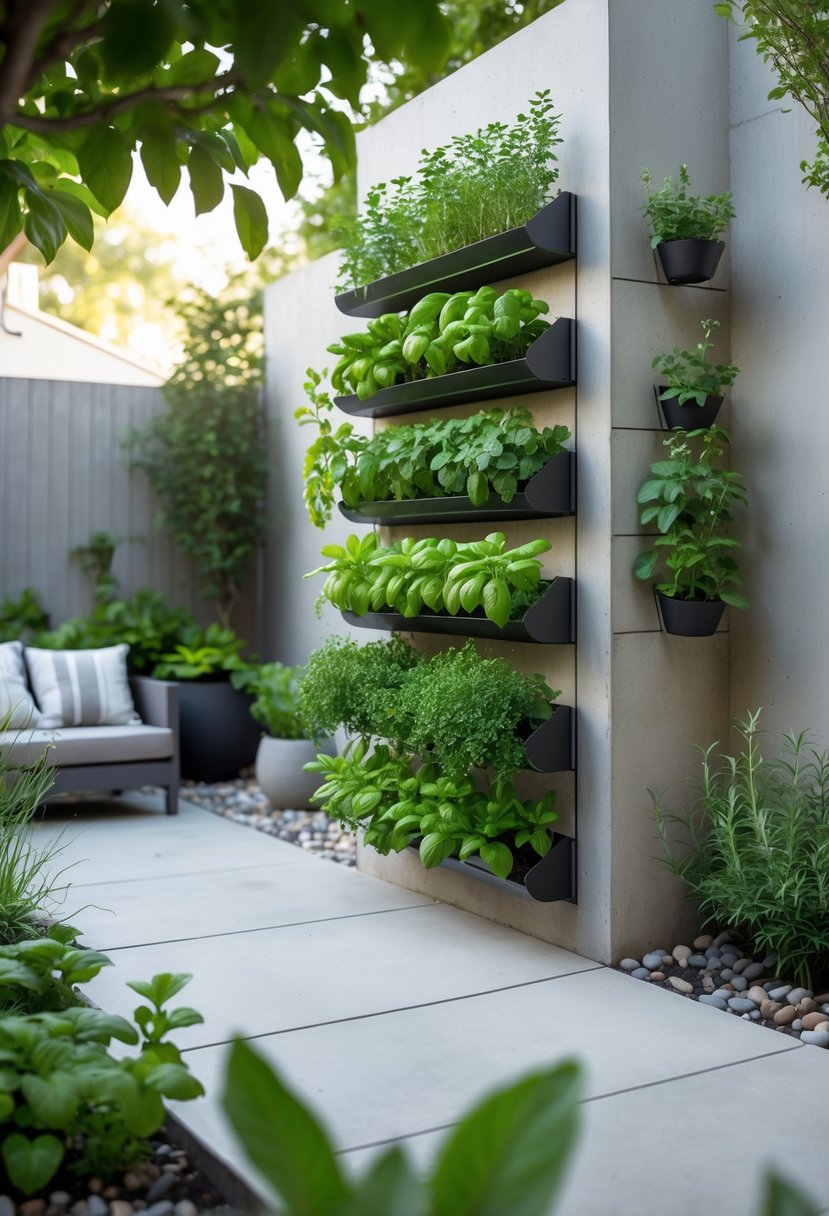 A vertical herb garden with green plants growing on a concrete patio wall in a small backyard with outdoor furniture nearby.