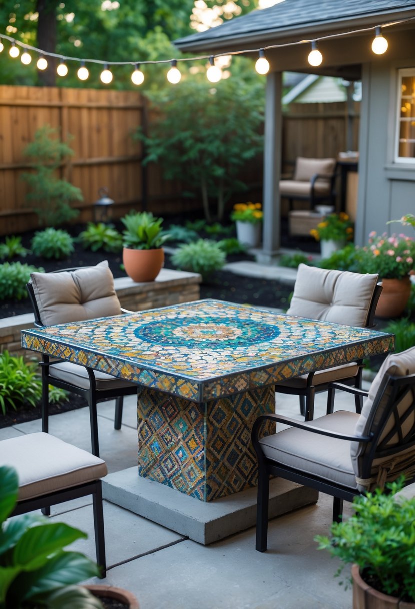 Outdoor dining area with a colorful mosaic table and chairs on a small concrete patio surrounded by plants and greenery.