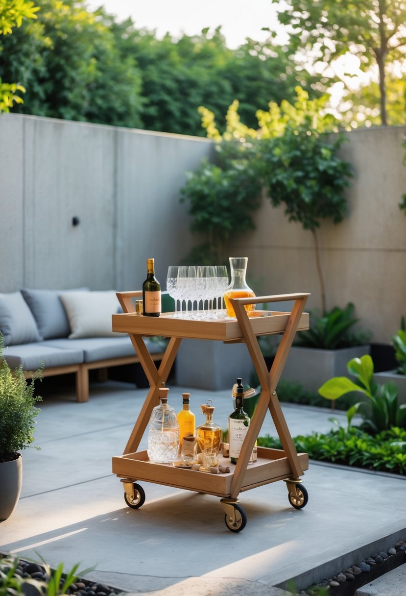 A foldable bar cart on a small concrete patio in a backyard with plants and outdoor seating.