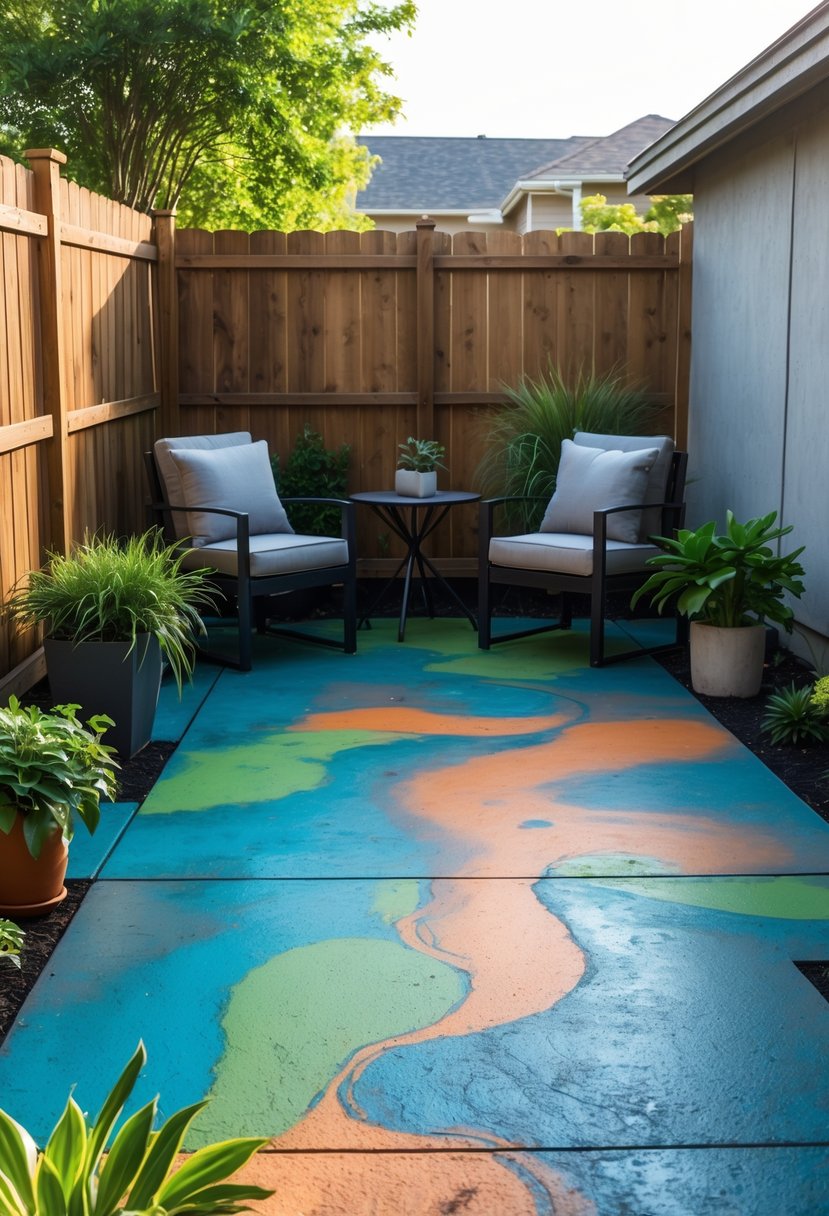A small backyard with a concrete patio decorated with colorful swirling stains, outdoor furniture, and green plants.