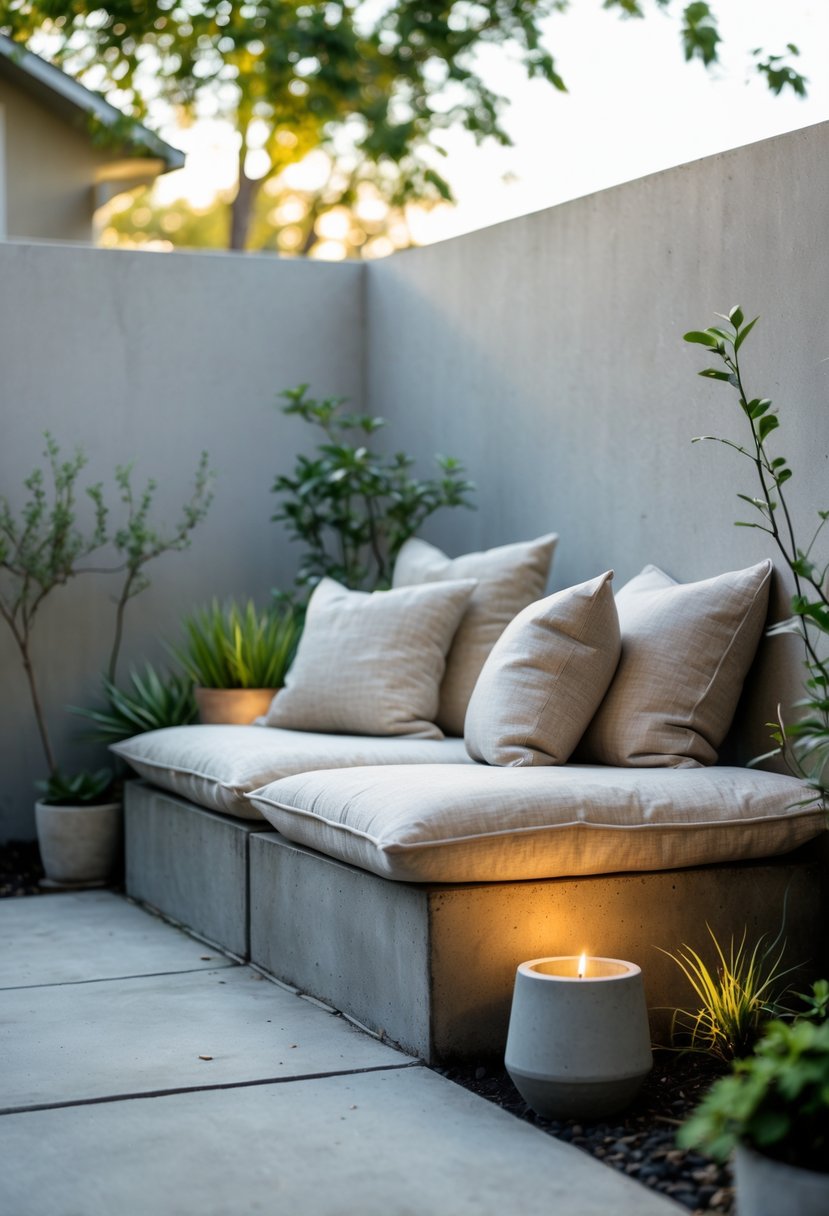 Cozy outdoor seating area with linen cushions on a small concrete patio in a backyard.